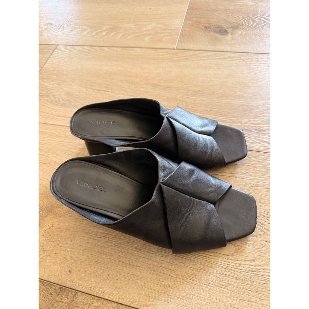 Vince Leather Mules Women Black Crossover Square Toe Block Heel Sandals